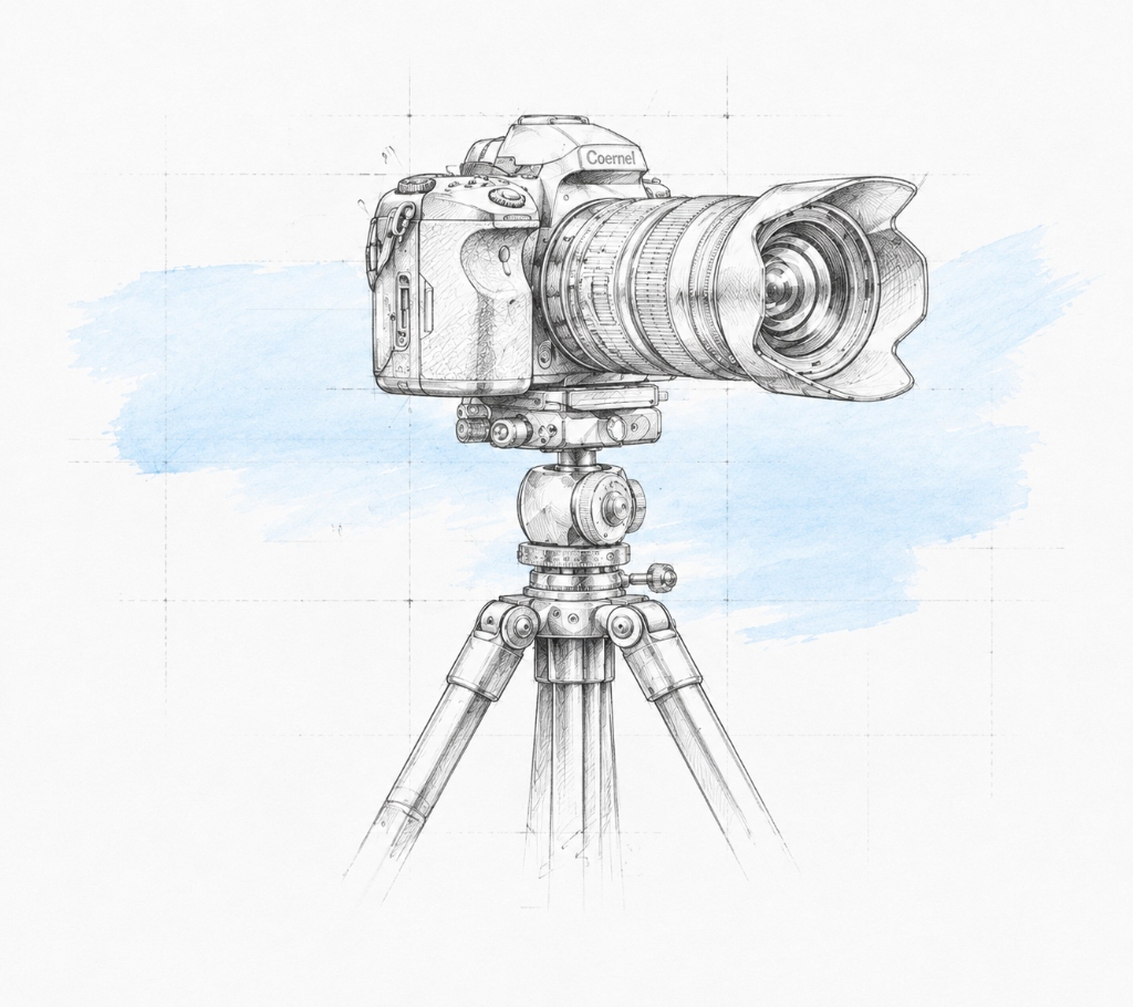 Camera on tripod with annotations